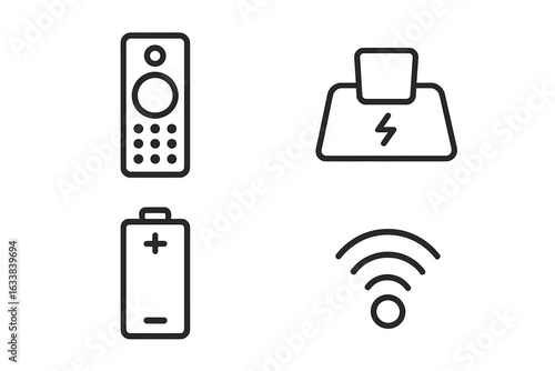 Remote Control Device Outline Icons Set. Universal Wireless Remote, Charging Dock Station, Battery Power Symbol, Infrared IR Signal, Modern Electronics Accessories. Vector Illustration Isolated