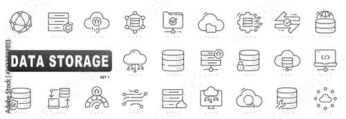 Editable stroke line icons illustrating cloud storage, database security, server performance, network connectivity and data backup for digital infrastructure system