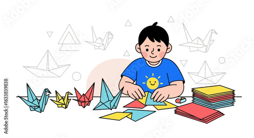 Creative Boy Doing Paper Crafts Origami Birds And Paper Boats Concept