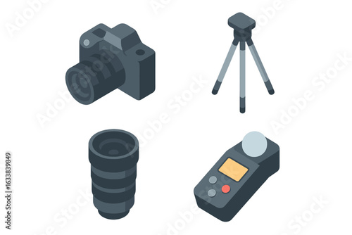 Isometric Photography Equipment Icon Set. DSLR Camera, Tripod, Telephoto Lens, Light Meter. Composition and Shooting Skills. Modern Vector Illustration for Stock Use. Photo Accessories Tools.