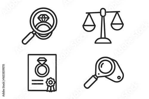 Ring appraisal icons set with outline design featuring magnifying glass, scale, certification document, jeweler loupe, inspection and evaluation process for jewelry quality and authenticity