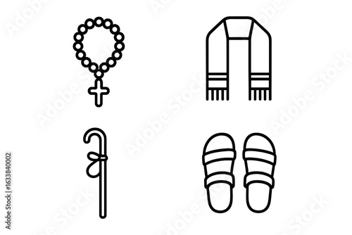 Pilgrim devotee religious icons set. Outline vector symbols of rosary beads, prayer shawl, shepherd staff, walking sandals. Pilgrimage, spirituality, journey, worship, faith, Christian accessories.