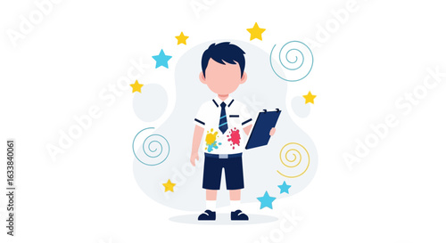 Creative Boy With Artistic Splashes Holding A Clipboard Surrounded By Stars