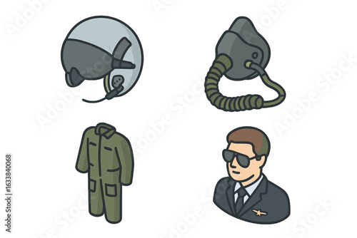 Isometric Vector Set of Military Pilot Gear with Flight Helmet, Oxygen Mask, Aviator Uniform, Professional Pilot Suit, Aviation Equipment Icons, Transparent Background, Editable Illustration