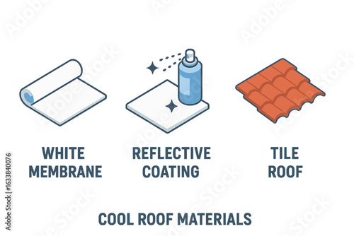 Isometric Roof Material Icons Set Featuring White Membrane Sheet, Reflective Coating Spray, Tile Roof and Cool Roofing Materials for Construction and Architecture Design