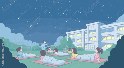 Children Enjoying A Meteor Shower In A Schoolyard At Night