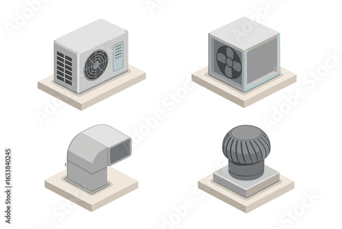Isometric Rooftop HVAC Icons Set. Air Conditioning Unit, Industrial Ventilation Fan, Air Ductwork, Turbine Ventilator Vector Illustration. Building Roof Climate Control System Elements