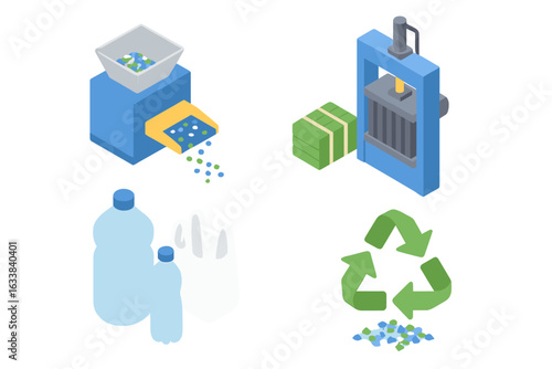 Isometric Plastic Recycling Process Icons Set. Factory Machines, Shredder, Baler Press, Plastic Waste, Pellets, Bottles, Bags, and Recycling Symbol. Plastic Waste Management Vector Illustration