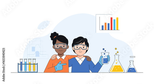 Diverse Students Celebrating Scientific Success In A Colorful Laboratory Setting