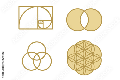 Sacred Geometry Icon Set. Golden Ratio Spiral, Vesica Piscis, Flower of Life, Overlapping Circles. Esoteric Symbol Collection. Geometric Pattern Bundle. Vector Outline for Spiritual Design