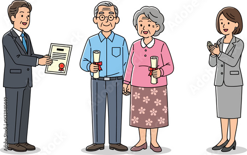 Elderly people receiving certificate from official