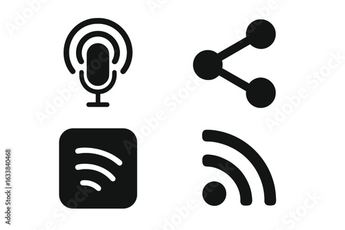 Podcast Promotion Icons Set. Solid Black Microphone, Share Symbol, Streaming Platform, RSS Feed. Communication, Broadcasting, Digital Audio Marketing, Social Media, Podcast Tools Vector Illustration.