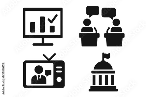Political Media Icon Set. Election Results Analysis, Political Debate, Government Building, News Broadcast. Solid Vector Illustration. Media Coverage, Legislative Process, Parliament, Democracy