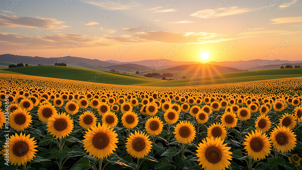 Obraz premium Vast field of sunflowers at sunset with rolling hills and warm golden light