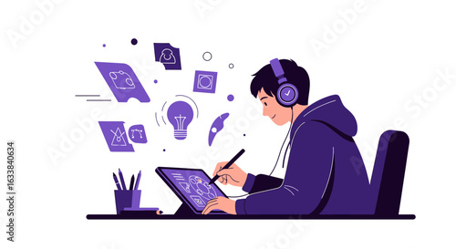Creative Digital Artist Working On Tablet With Floating Design Icons