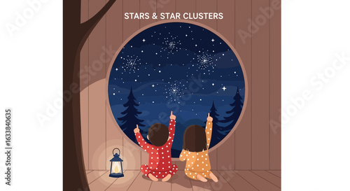 Children Gazing At Night Sky Filled With Stars And Constellations Wonder