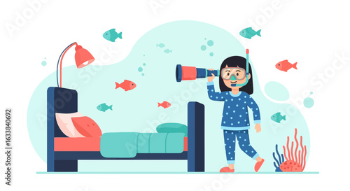 Creative Dreamer Girl Imagining Underwater Adventures In Her Bedroom