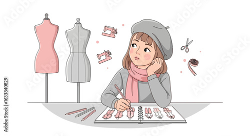 Creative Fashion Designer Sketching Clothing Designs With Mannequins And Sewing Tools