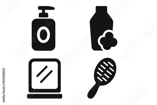 Solid black vector icons set of post-workout locker room essentials. Shampoo bottle, body wash, compact mirror, hairbrush. Fitness and gym routine, personal care hygiene symbols, clean up illustration