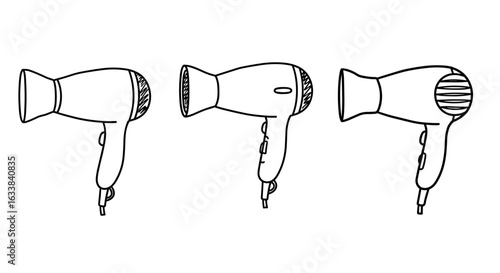 Outline Set of Three Hair Dryers, Black on White, Doodle, Different  