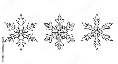 Outline set of three different snowflakes in black on white  