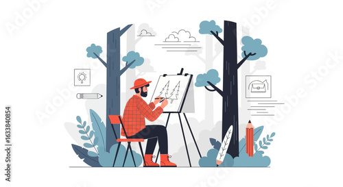 Creative Forester Painting Nature Scene Outdoor Woodland Illustration Art