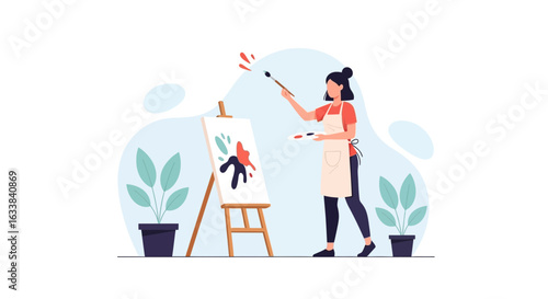 Creative Female Artist Immersed In Her Artwork At Home Studio