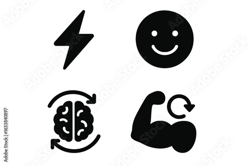 Power Nap Benefits Icons Set. Solid Filled Vector Symbols of Energy Boost, Mood Improvement, Brain Refresh, Muscle Recovery. Rest and Relaxation Health Concept. Black Silhouette Isolated Illustration