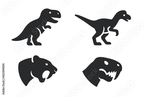 Prehistoric Predator Icons Set. Solid Black Silhouette Vectors of T-Rex Dinosaur, Velociraptor, Saber-Toothed Tiger, Extinct Animal Heads, Paleolithic Era Wildlife, Isolated Illustration Collection