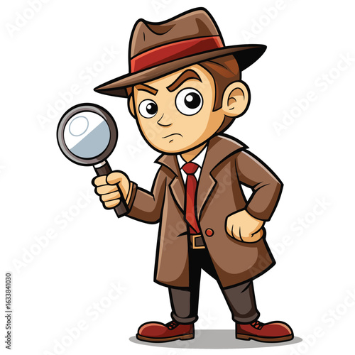 A curious cartoon man in a detective outfit investigating with a magnifying glass, representing mystery, clues, and investigation.