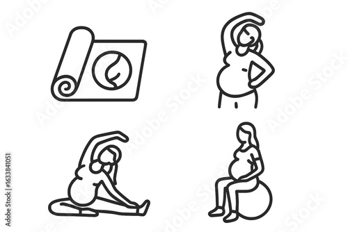 Prenatal fitness outline icon set. Pregnant woman exercising yoga, prenatal yoga mat, stretching poses, sitting on gym ball. Maternity exercise, healthy pregnancy, vector illustration, body care