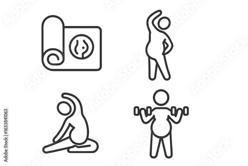 Pregnancy Fitness Outline Icon Set. Maternity Exercise Yoga Mat, Pregnant Woman Stretching, Prenatal Workout, Healthy Expecting Mother, Gym and Fitness Activity Vector Illustrations