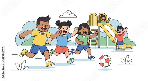 Children Playing Soccer And Enjoying The Slide In The Playground Illustration