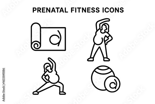Prenatal fitness and exercise icon set. Outline vector illustration of pregnant women stretching, yoga mat with pregnancy symbol, prenatal pilates ball, maternity workout, healthy pregnancy activity