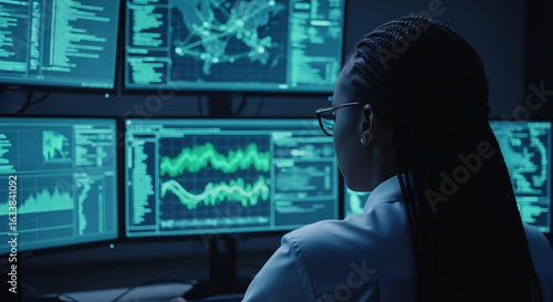 Female Cybersecurity Analyst at Workstation