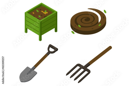 Isometric Composting Icons Set. Seasonal Garden Compost Bin, Swirling Compost Heap, Shovel, Pitchfork. Eco-Friendly Gardening Tools and Organic Waste Decomposition Process. Vector Illustration