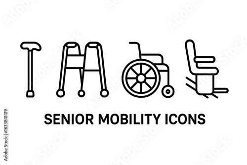 Senior Mobility Aid Icon Set – Walking Cane, Walker, Wheelchair, Stair Lift – Elderly Assistance Symbol, Accessible Healthcare Equipment, Aging Support, Simple Line Art, Black White Illustration