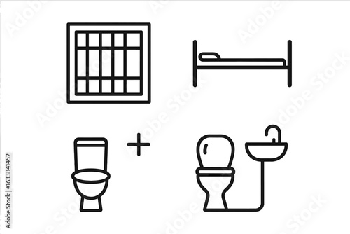 Prison cell improvement icons, outline vector set of prison conditions, barred window, jail bed with thin mattress, prison toilet, combined toilet and sink, incarceration facility essentials