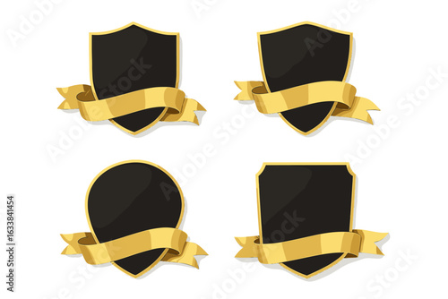 Black luxury shield emblem collection with golden ribbons. Vector heraldic badges and blank award templates. Elegant gold frame insignia set for certificate, label, logo, or VIP design