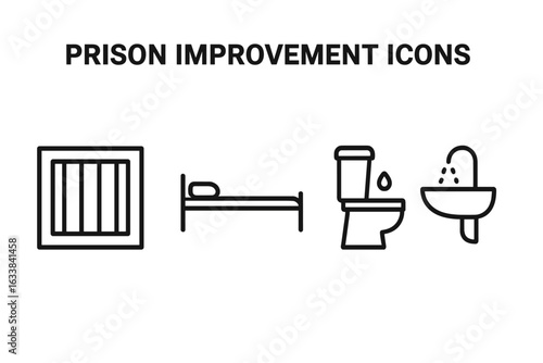 Prison improvement outline icons set. Jail cell bars, prison bed with thin mattress, toilet, washbasin, hygiene, incarceration living conditions, minimal line vector illustration