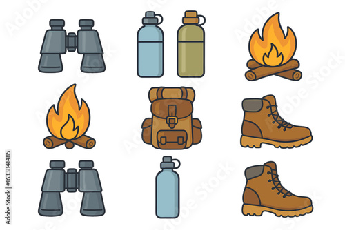 Camping essentials vector icon set with binoculars, water bottles, campfire, hiking boots, rucksack, and outdoor gear. Cartoon style travel, backpacking, trekking, adventure, survival illustrations.