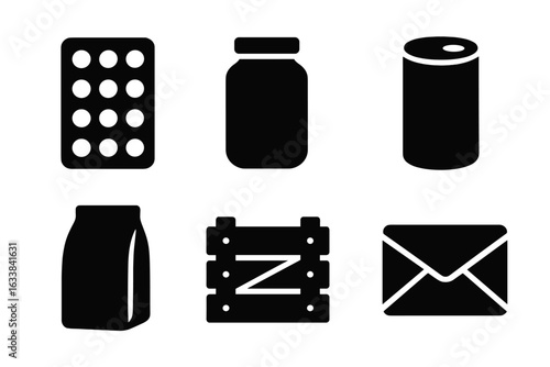 Solid Black Product Packaging Icons Set. Blister Pack, Jar, Can, Pouch, Crate, Envelope. Food, Medicine, Logistics, Storage, Shipping, Retail, Delivery. Modern Minimal Vector Illustration