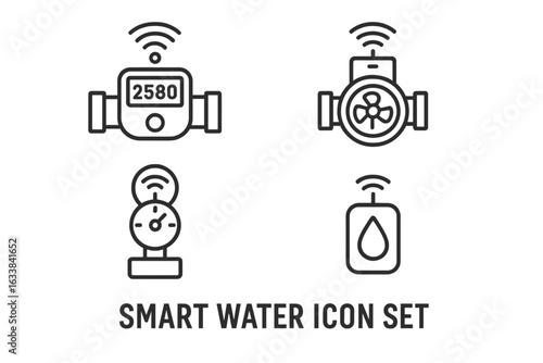 Smart Water Monitoring Icon Set. Outline IoT Water Meter, Flow Sensor, Pressure Gauge, Drop Sensor. Modern Linear Vector Illustration for Smart Home Automation, Utility Management, Remote Control