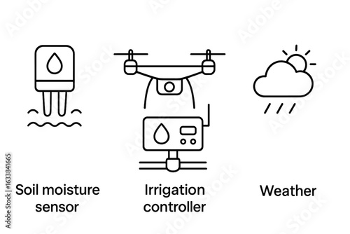 Smart agriculture technology icons set. Outline vector symbols of soil moisture sensor, farm irrigation controller drone, automatic irrigation, weather forecast, smart farming equipment isolated