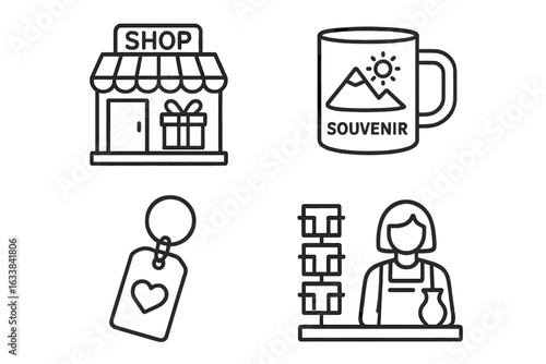 Souvenir shop icons set. Outline vector icons of gift shop storefront, souvenir mug, keychain with heart, postcard rack, local artisan seller. Travel memorabilia, tourist gifts, shopping concepts