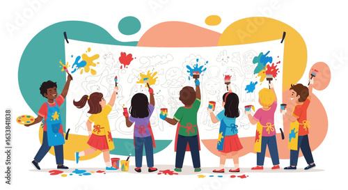 Creative Kids Collaborate On Vibrant Mural Painting Together Art Project