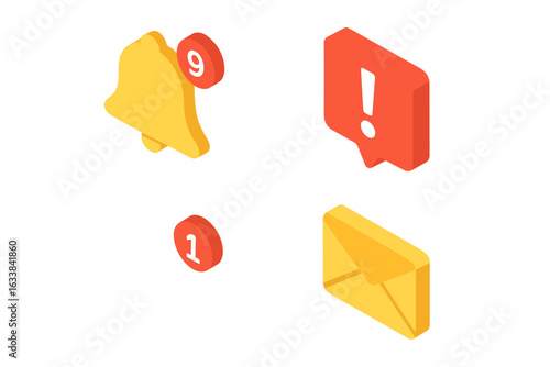Isometric Notification Icon Set. Vector Notification Bell with Alert Popup, Unread Message Badge, Email Envelope Symbol, Exclamation Warning. 3D Social App Alert Icons for Mobile UI, Web Interface