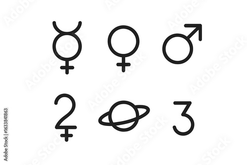 Outline planetary symbols icon set. Mercury, Venus, Mars, Jupiter, Saturn ring minimal astrology astronomy vector illustration. Solar system planets, astrological zodiac glyphs, black line isolated.