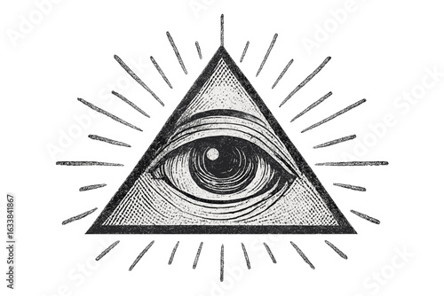 All seeing eye symbol in retro engraving style. Illuminati triangle, mystical eye of Providence, esoteric magic, enlightenment concept. Occult spiritual vision, vintage halftone religious emblem