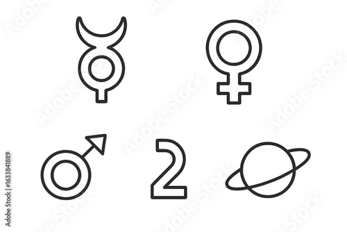 Planet icon outline set. Astrology and astronomy symbols. Mercury, Venus, Mars, Jupiter, Saturn. Solar system vector icons. Space elements. Line planetary glyphs. Editable isolated illustrations.